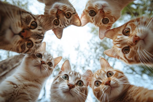 Curious cats looking down at camera. photo