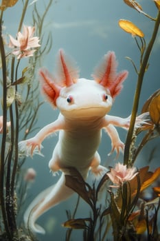 Leucistic axolotl swimming in freshwater aquarium photo