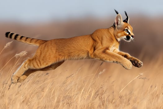 Caracal jumping over dry grass in african savanna photo