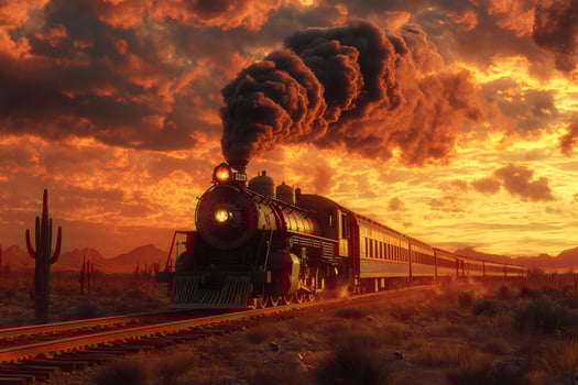 Steam train moving through desert landscape at sunset with cloudy sky photo
