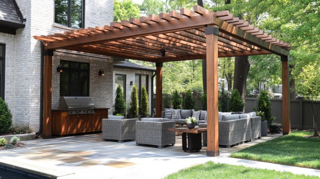 Wooden pergola providing shade to patio furniture in backyard photo