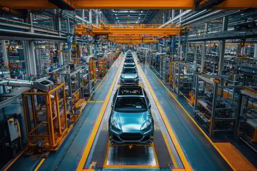 Car manufacturing plant operating with ongoing production line of new vehicles photo