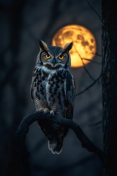 Great horned owl perching on branch at night with full moon. photo