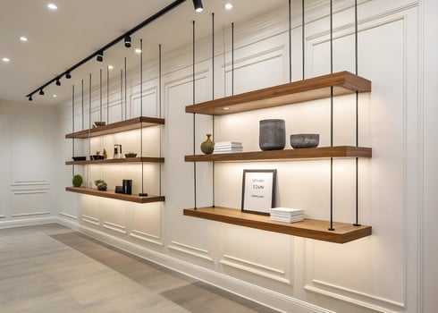 A modern, white walled room with shelves and lights photo