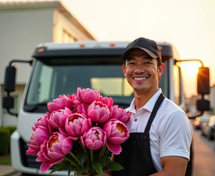 A smiling man holding a bunch of pink flowers photo