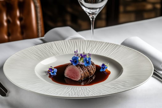 Tender Beef Steak with Elegant Red Wine Sauce and Delicate Flowers photo