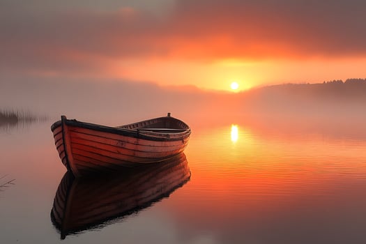 Tranquil Sunrise Over Serene Lake with Boat Reflecting Calm Waters photo