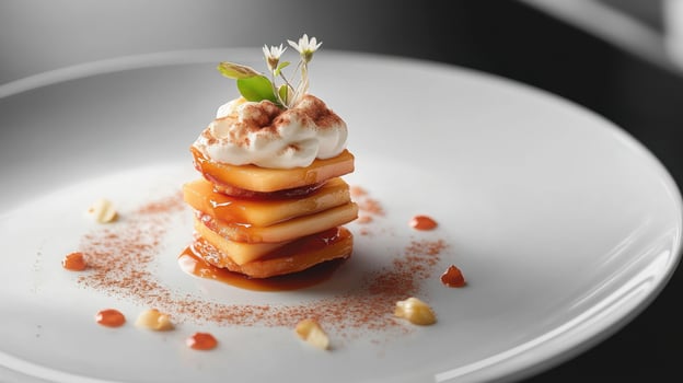 Plate with delicious pancakes and whipped cream on table, closeup photo