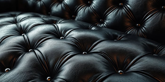 Close-up of an elegant black leather couch, showcasing intricate tufting and glossy details for luxurious decor. photo