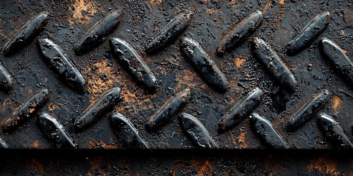 Close-up of a textured metal surface with diamond patterns and rust, showcasing the raw beauty of industrial design. photo