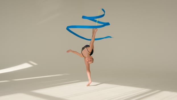 Caucasian woman schoolgirl kid daughter child little girl artistic female ballet dancer sportswoman young athlete teenager gymnast spinning dancing with tape sport gymnastics dance studio choreography photo