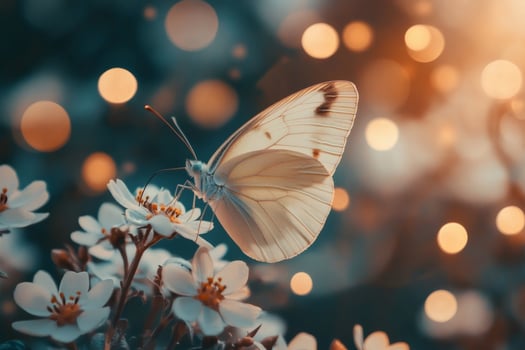 White butterfly feeding on small white flowers with bokeh lights background photo