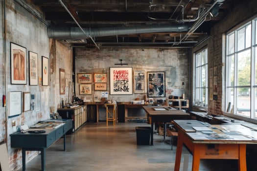 Art studio showing posters hanging on a brick wall photo