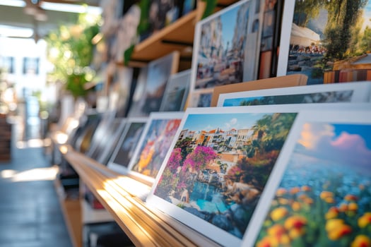 Colorful travel photographs displayed on wooden shelves in souvenir shop photo