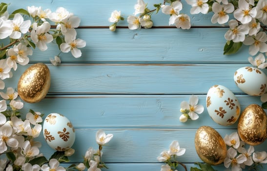 Colorful Easter eggs surrounded by blooming flowers on a blue wooden table photo