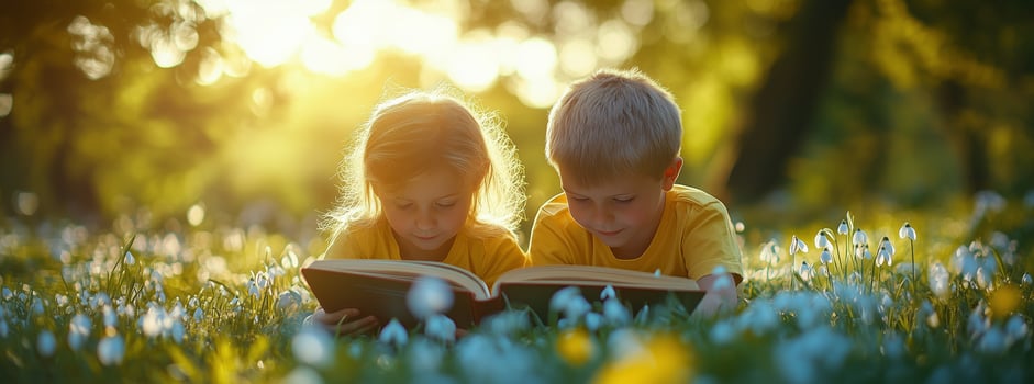 Children reading books in a sunlit meadow filled with flowers during a warm afternoon photo