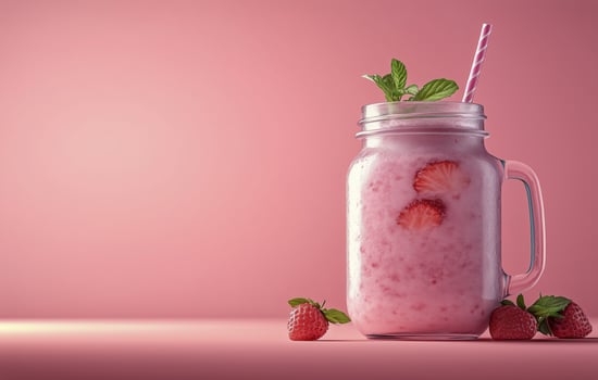 Refreshing strawberry smoothie in glass jar with mint leaves on pink background photo