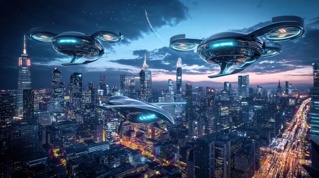 Futuristic flying cars in the city at night photo