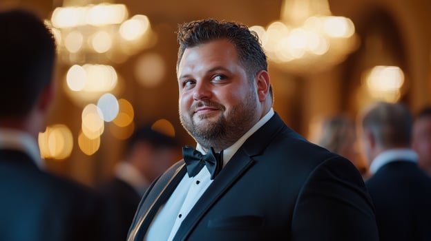 A man in a black suit and a black bow tie is smiling at the camera photo