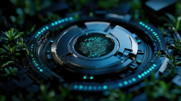 A green and silver object with a blue circle in the middle photo
