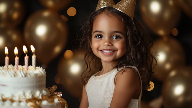 A young girl is standing in front of a birthday cake with lit candles photo