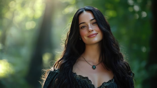 A woman with long dark hair is smiling and wearing a necklace photo