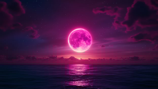 Vivid pink moon over tranquil ocean waters. photo
