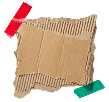 Torn piece of brown corrugated cardboard attached to a piece of electrical tape, isolated background photo