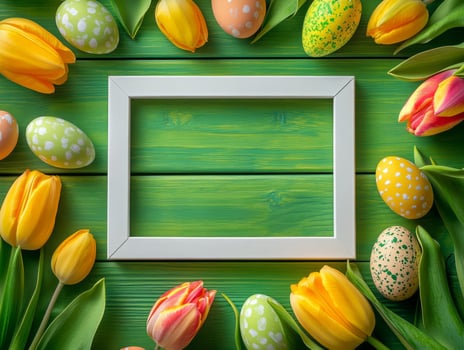 White frame and a bunch of tulips and eggs. photo