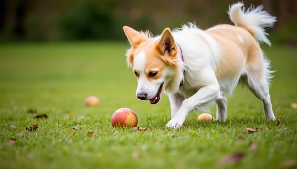 A dog playing with an apple in the grass photo