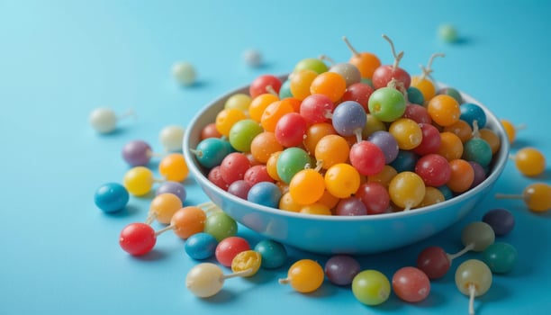 A bowl filled with colorful candy on a blue background photo