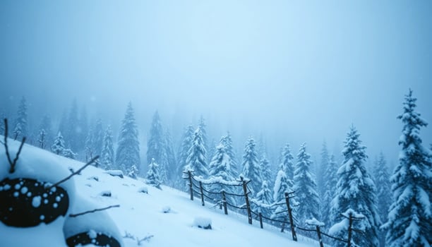 Winter landscape with snow covered trees and fence photo