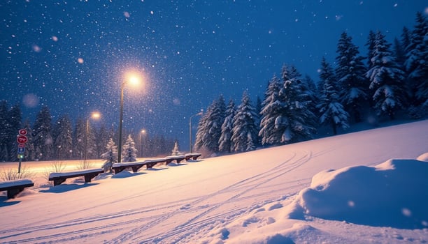 Winter night in the mountains with snowfall and lights photo