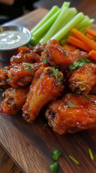 Buffalo chicken wings with celery, carrots and ranch dressing. photo