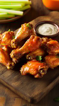 Roasted chicken wings with celery and sauce on a wooden board photo