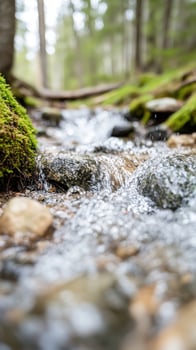 serene forest stream flows over smooth stones, surrounded by lush green moss and trees. gentle sound of cascading water creates peaceful atmosphere in nature photo