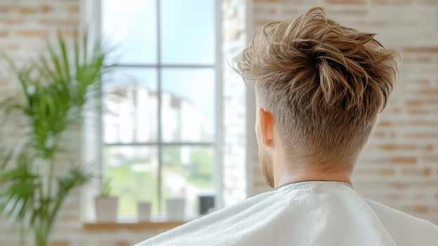A man is sitting in a barber chair with his hair cut photo