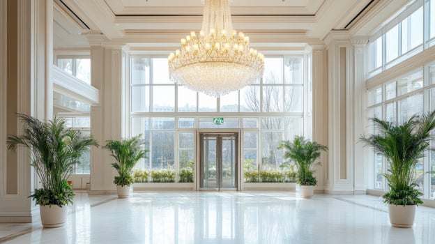 The lobby of a luxury hotel with large windows and chandeliers photo