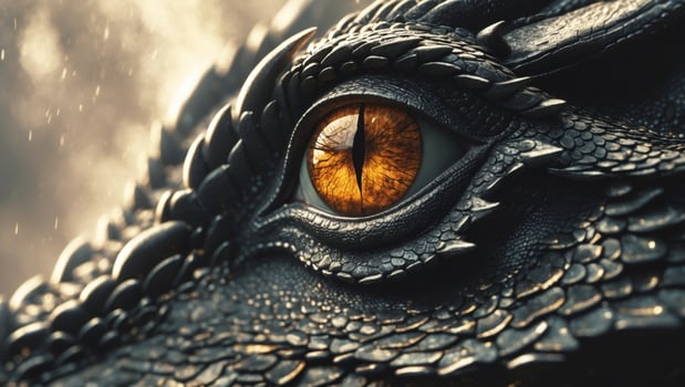 Close up of Dragon s Eye Fantasy Creature Mythical Reptile Dark Mysterious Glowing Amber Iris. photo