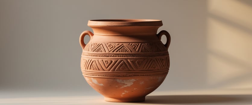 Intricate Terracotta Vessel with Tribal Design. photo