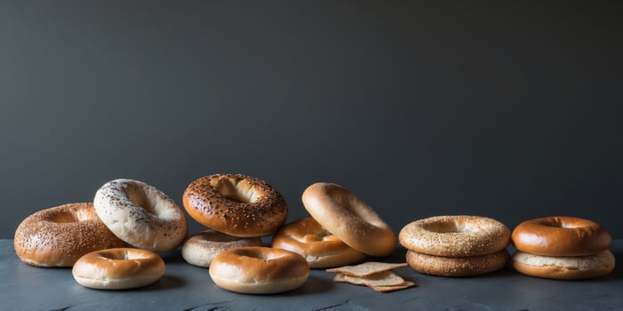 Assorted bagels and breads on a dark slate background with ample copy space on the right side photo