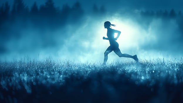 Silhouette Woman Running Night Foggy Field Outdoors Exercise Blue Dark Sport Speed Power Nature photo