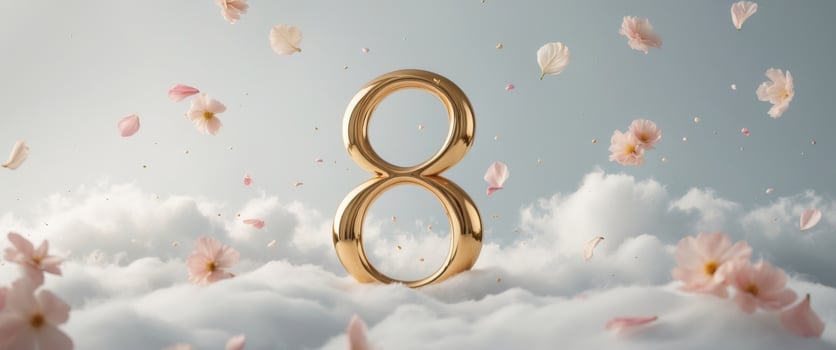 Elegant golden number eight surrounded by soft clouds and petals for celebration or special occasions. photo