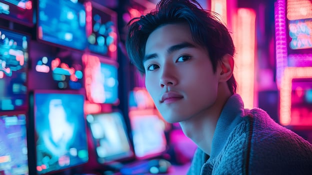 Young Man Neon Lights Cyberpunk Style Portrait Digital Art Blue Pink Male Image Retro Purple Future photo