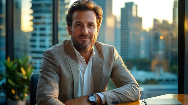 Confident Businessman Portrait Modern Office City View Suit Work Urban Image Leader Career Elegant photo