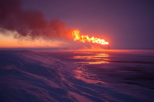 Gas flaring from industrial chimney at sunset in snowy landscape. photo
