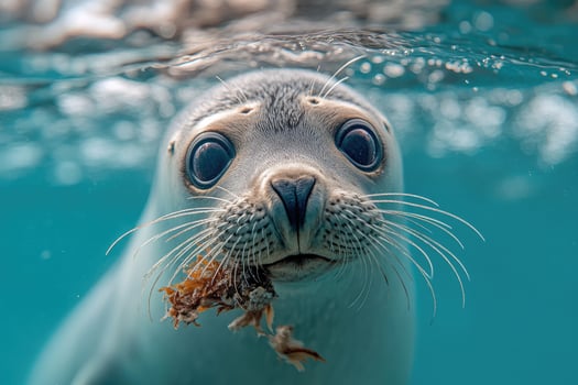 Curious seal pup swimming underwater with seaweed in mouth photo