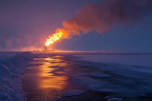 Gas plant burning during colorful sunset in snowy landscape photo