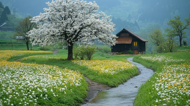 Blooming cherry tree and idyllic cottage by the river in springtime. photo