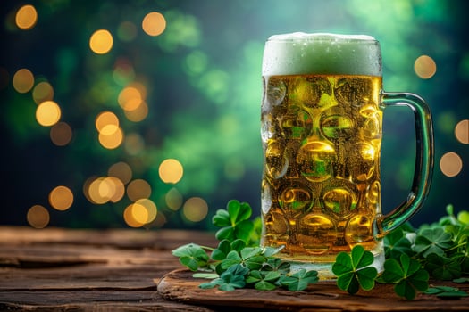 Green mugs of beer with bubbles on top. The mugs are on a wooden table with a green leaf on it. Patrick's Day beverage for Irish holiday. Celebration drink photo